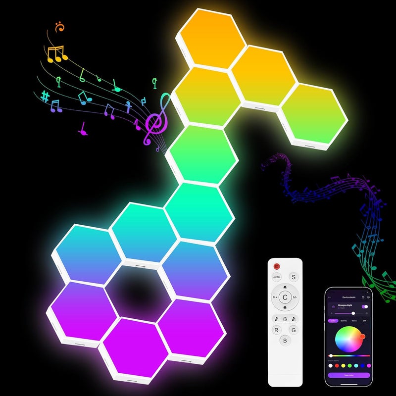 Hervika 12 Pack DIY Hexagon LED Lights, Music Sync RGB Gaming Lights with APP Smart Wall Lights for Bedroom Living Room Decor - Image 1